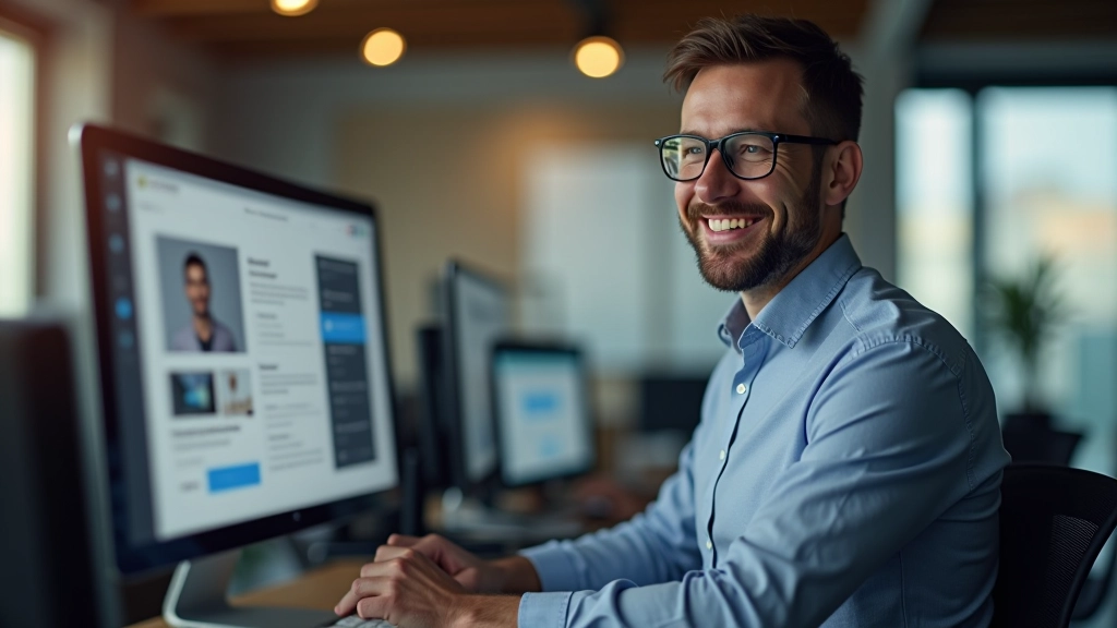 Designer satisfeito observando página web com hierarquia visual bem implementada no monitor