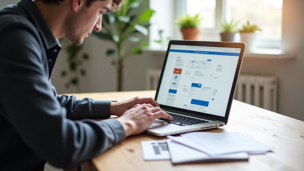 Designer trabalhando em layout moderno no computador com grid e hierarquia visual visível