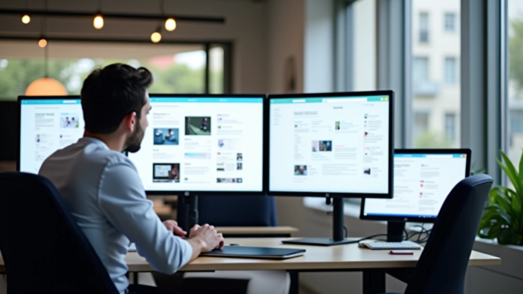 Espaço de trabalho de design moderno com múltiplos monitores mostrando layouts em grid