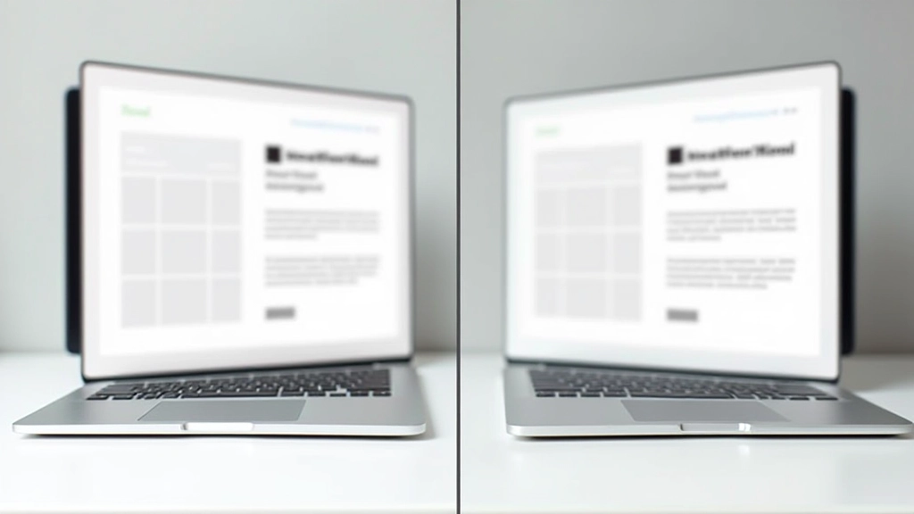 Antes e depois de página web mostrando hierarquia visual melhorada com elementos bem organizados